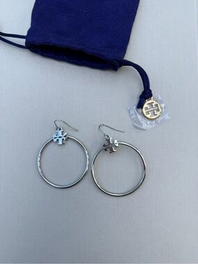 Tory Burch Silver Logo Hoop Earrings with Dangle Emblem